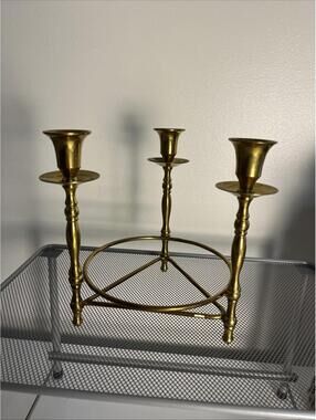 Brass Circular Triple Taper Candle Holder With Natural Patina